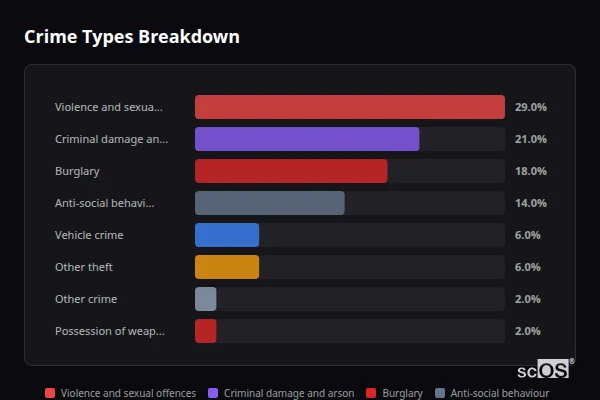 Crime Types Breakdown for Broad Chalke - showing Violence and sexual offences (29%), Criminal damage and arson (21%), Burglary (18%)