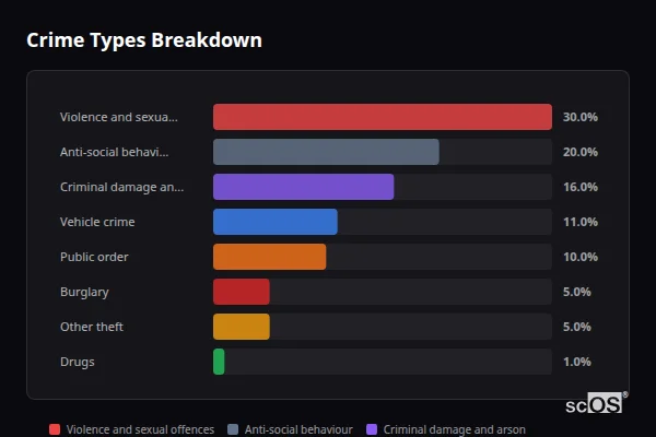 Crime Types Breakdown for Collingbourne Ducis - showing Violence and sexual offences (30%), Anti-social behaviour (20%), Criminal damage and arson (16%)