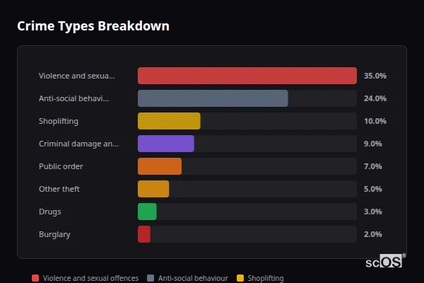 Crime Types Breakdown for Devizes - showing Violence and sexual offences (35%), Anti-social behaviour (24%), Shoplifting (10%)