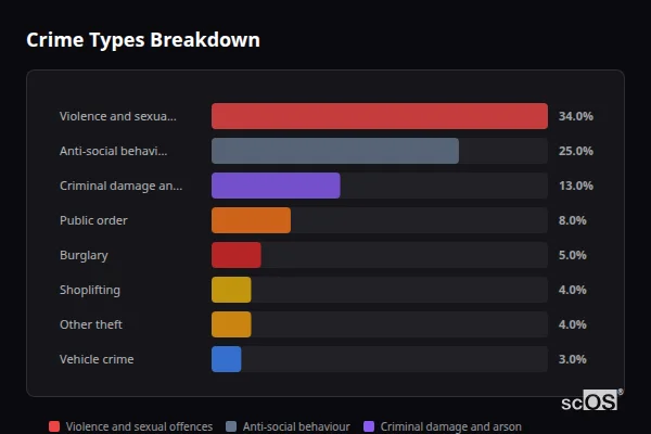 Crime Types Breakdown for Durrington - showing Violence and sexual offences (34%), Anti-social behaviour (25%), Criminal damage and arson (13%)