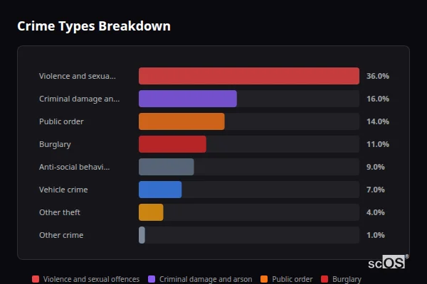 Crime Types Breakdown for Great Bedwyn - showing Violence and sexual offences (36%), Criminal damage and arson (16%), Public order (14%)