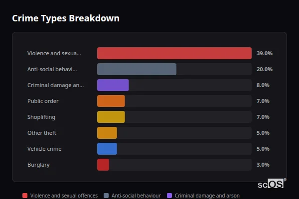 Crime Types Breakdown for Malmesbury - showing Violence and sexual offences (39%), Anti-social behaviour (20%), Criminal damage and arson (8%)