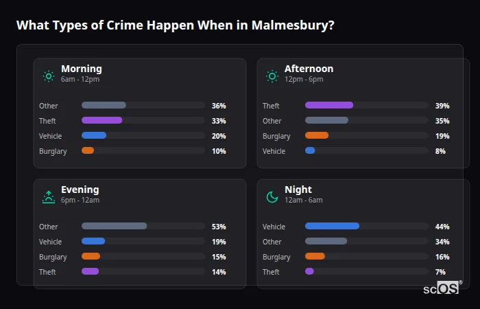 Crime types by time period for Malmesbury - showing breakdown of burglary, violence, theft, and vehicle crime by morning, afternoon, evening, and night