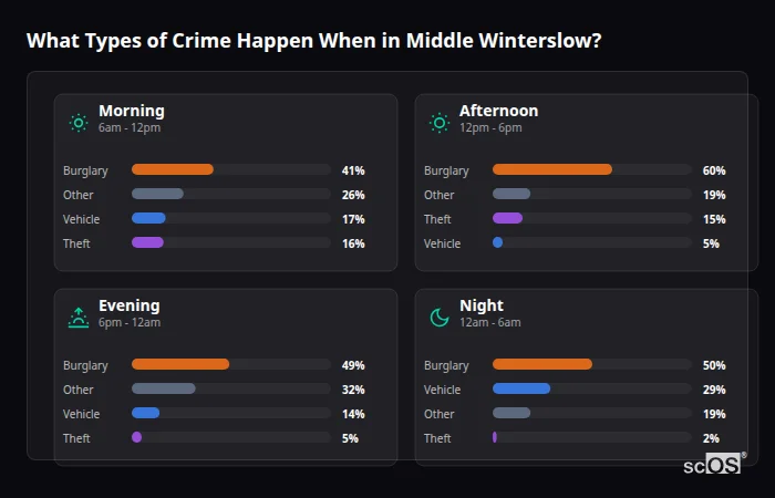 Crime types by time period for Middle Winterslow - showing breakdown of burglary, violence, theft, and vehicle crime by morning, afternoon, evening, and night