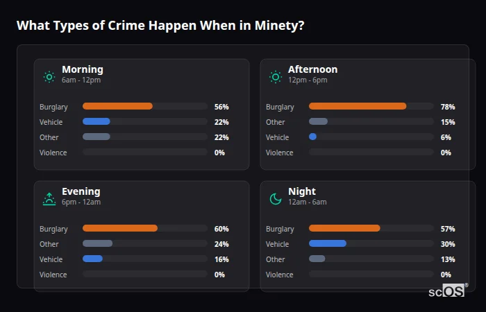 Crime types by time period for Minety - showing breakdown of burglary, violence, theft, and vehicle crime by morning, afternoon, evening, and night