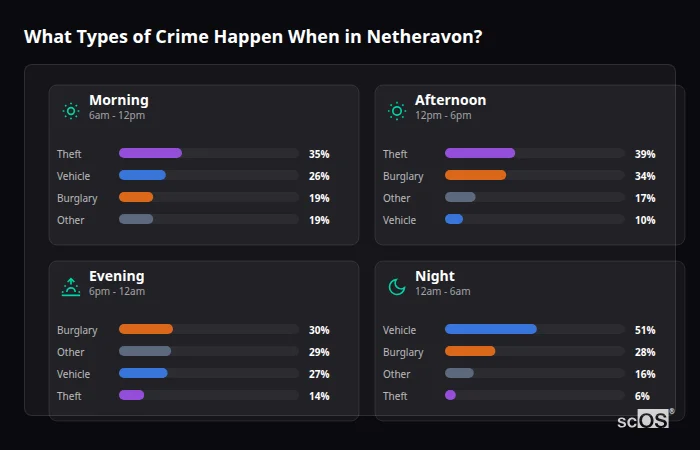 Crime types by time period for Netheravon - showing breakdown of burglary, violence, theft, and vehicle crime by morning, afternoon, evening, and night