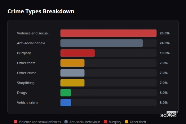 Crime Types Breakdown for Porton - showing Violence and sexual offences (28%), Anti-social behaviour (24%), Burglary (10%)