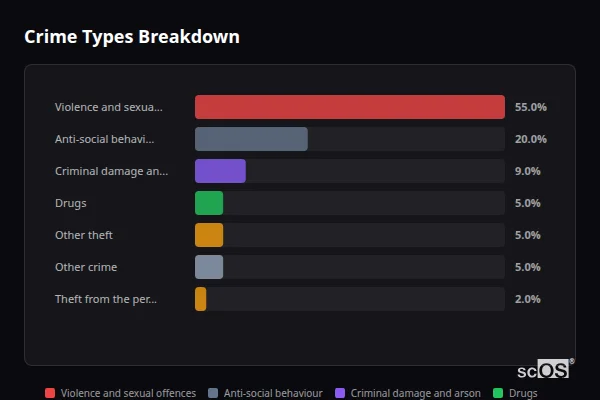 Crime Types Breakdown for Potterne - showing Violence and sexual offences (55%), Anti-social behaviour (20%), Criminal damage and arson (9%)