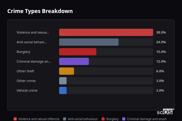 Crime Types Breakdown - Redlynch and Woodfalls Crime Types Breakdown for Redlynch and Woodfalls - showing Violence and sexual offences (38%), Anti-social behaviour (24%), Burglary (15%)