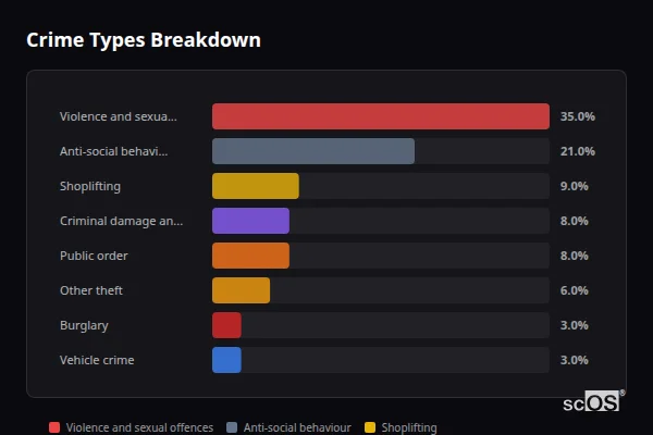 Crime Types Breakdown - Salisbury Crime Types Breakdown for Salisbury - showing Violence and sexual offences (35%), Anti-social behaviour (21%), Shoplifting (9%)