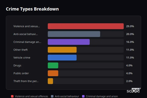 Crime Types Breakdown for Seend - showing Violence and sexual offences (29%), Anti-social behaviour (20%), Criminal damage and arson (16%)