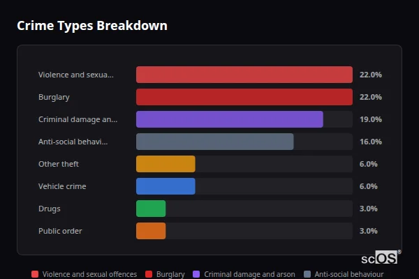 Crime Types Breakdown - Sherston Crime Types Breakdown for Sherston - showing Violence and sexual offences (22%), Burglary (22%), Criminal damage and arson (19%)
