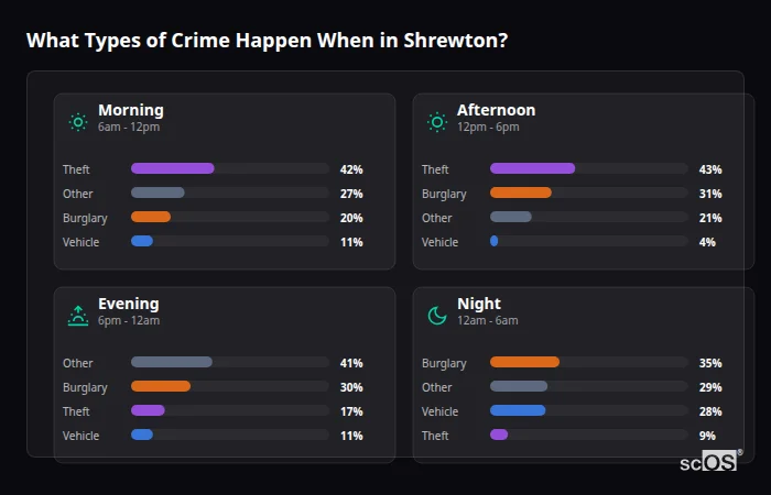What Types of Crime Happen When in Shrewton? Crime types by time period for Shrewton - showing breakdown of burglary, violence, theft, and vehicle crime by morning, afternoon, evening, and night