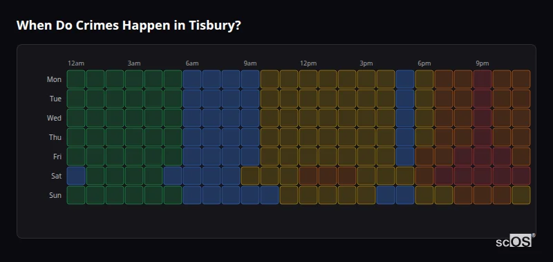 Crime time heatmap for Tisbury - showing when crimes are most likely to occur by day and hour