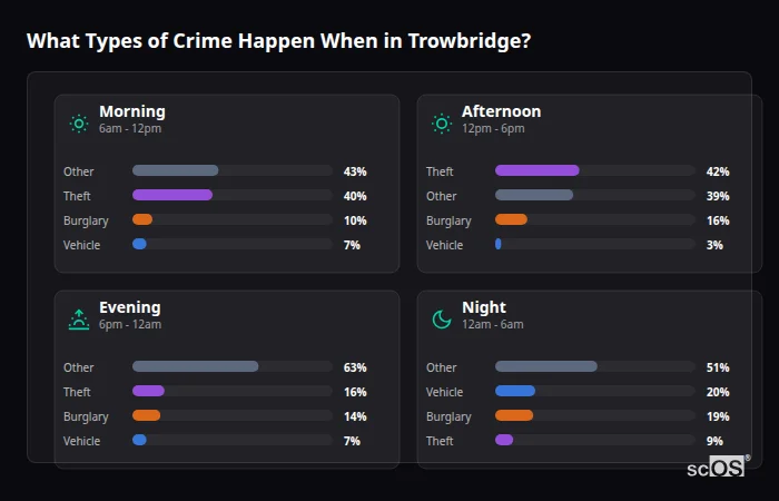 Crime types by time period for Trowbridge - showing breakdown of burglary, violence, theft, and vehicle crime by morning, afternoon, evening, and night
