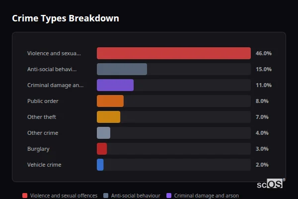 Crime Types Breakdown - Wilton Crime Types Breakdown for Wilton - showing Violence and sexual offences (46%), Anti-social behaviour (15%), Criminal damage and arson (11%)