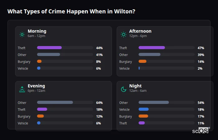 What Types of Crime Happen When in Wilton? Crime types by time period for Wilton - showing breakdown of burglary, violence, theft, and vehicle crime by morning, afternoon, evening, and night