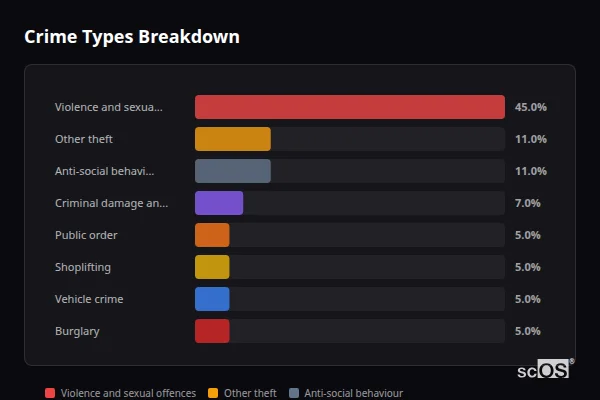 Crime Types Breakdown for Colden Common - showing Violence and sexual offences (45%), Other theft (11%), Anti-social behaviour (11%)