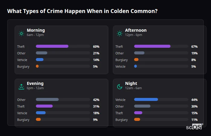 Crime types by time period for Colden Common - showing breakdown of burglary, violence, theft, and vehicle crime by morning, afternoon, evening, and night