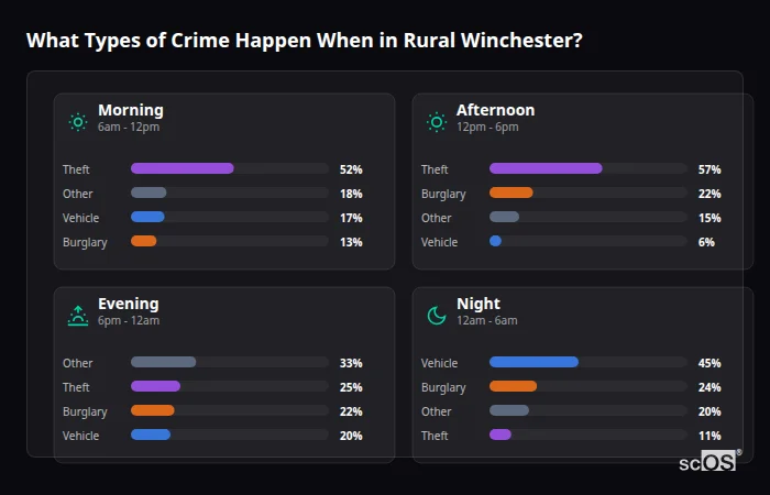 What Types of Crime Happen When in Rural Winchester? Crime types by time period for Rural Winchester - showing breakdown of burglary, violence, theft, and vehicle crime by morning, afternoon, evening, and night