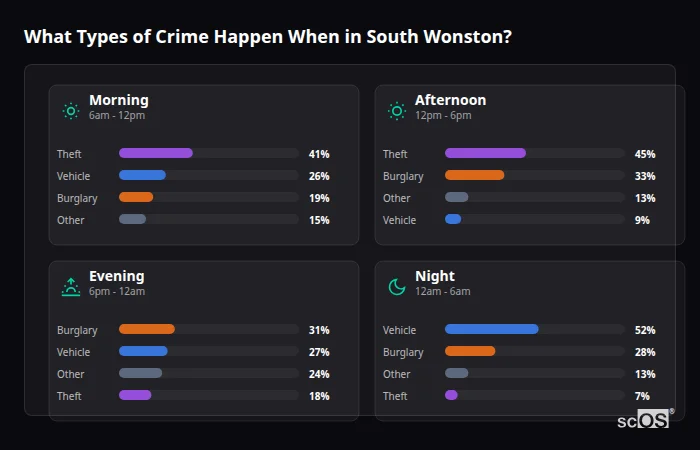 Crime types by time period for South Wonston - showing breakdown of burglary, violence, theft, and vehicle crime by morning, afternoon, evening, and night
