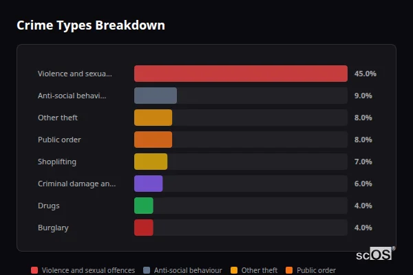 Crime Types Breakdown for Winchester - showing Violence and sexual offences (41%), Shoplifting (12%), Public order (8%)