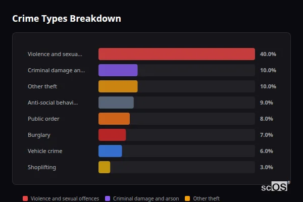 Crime Types Breakdown for Ascot - showing Violence and sexual offences (40%), Criminal damage and arson (10%), Other theft (10%)