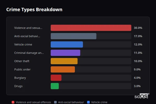 Crime Types Breakdown for Datchet - showing Violence and sexual offences (30%), Anti-social behaviour (17%), Vehicle crime (12%)