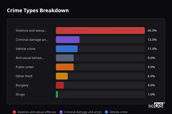 Crime Types Breakdown for Eton Wick - showing Violence and sexual offences (45%), Criminal damage and arson (12%), Vehicle crime (11%)
