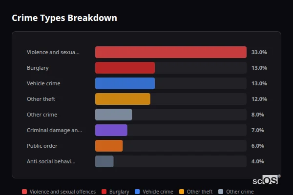 Crime Types Breakdown - Holyport Crime Types Breakdown for Holyport - showing Violence and sexual offences (33%), Burglary (13%), Vehicle crime (13%)