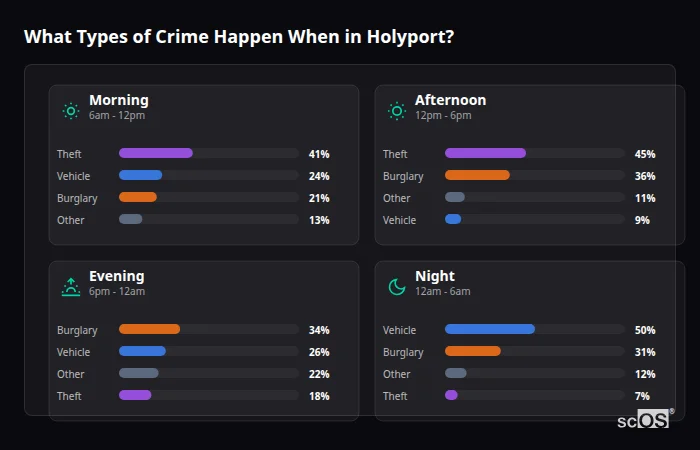 What Types of Crime Happen When in Holyport? Crime types by time period for Holyport - showing breakdown of burglary, violence, theft, and vehicle crime by morning, afternoon, evening, and night