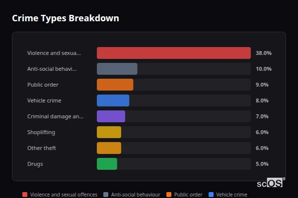 Crime Types Breakdown for Maidenhead - showing Violence and sexual offences (38%), Anti-social behaviour (10%), Public order (9%)