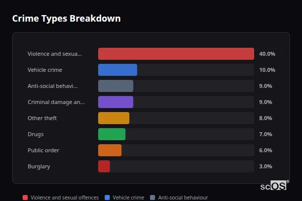 Crime Types Breakdown for Old Windsor and Wraysbury - showing Violence and sexual offences (40%), Vehicle crime (10%), Anti-social behaviour (9%)