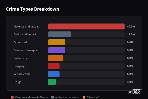 Crime Types Breakdown for Rural Windsor and Maidenhead - showing Violence and sexual offences (40%), Anti-social behaviour (12%), Other theft (9%)