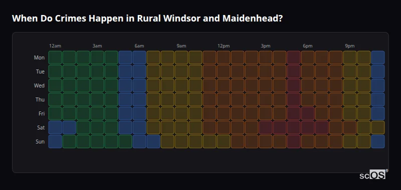 Crime time heatmap for Rural Windsor and Maidenhead - showing when crimes are most likely to occur by day and hour