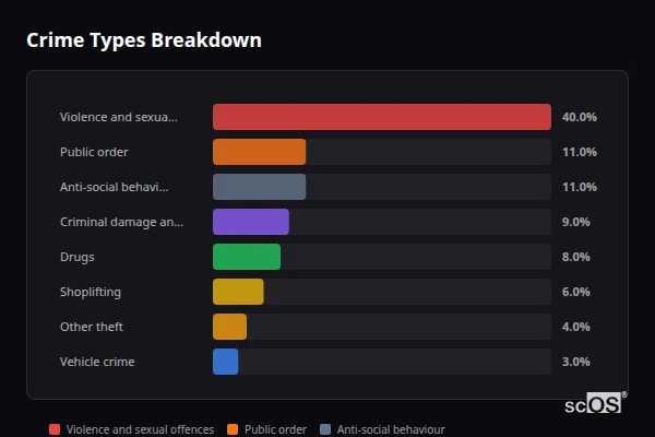 Crime Types Breakdown - Birkenhead Crime Types Breakdown for Birkenhead - showing Violence and sexual offences (40%), Public order (11%), Anti-social behaviour (11%)