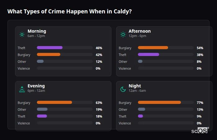 What Types of Crime Happen When in Caldy? Crime types by time period for Caldy - showing breakdown of burglary, violence, theft, and vehicle crime by morning, afternoon, evening, and night