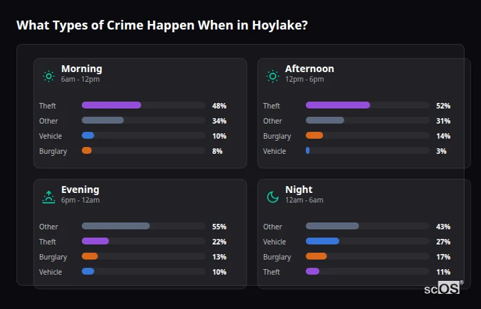 Crime types by time period for Hoylake - showing breakdown of burglary, violence, theft, and vehicle crime by morning, afternoon, evening, and night