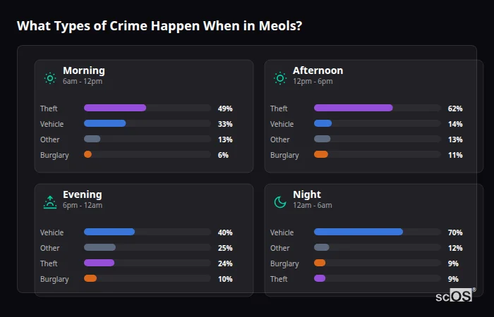 Crime types by time period for Meols - showing breakdown of burglary, violence, theft, and vehicle crime by morning, afternoon, evening, and night