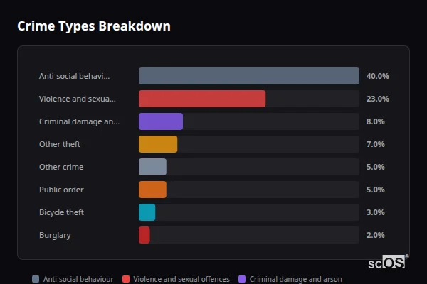 Crime Types Breakdown for Brookwood - showing Anti-social behaviour (40%), Violence and sexual offences (23%), Criminal damage and arson (8%)