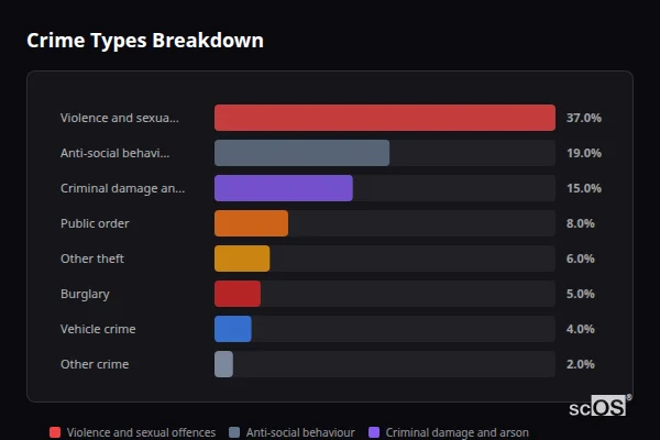 Crime Types Breakdown - Rural Woking Crime Types Breakdown for Rural Woking - showing Violence and sexual offences (37%), Anti-social behaviour (19%), Criminal damage and arson (15%)