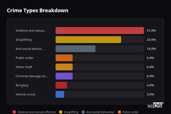 Crime Types Breakdown - Rural Wokingham Crime Types Breakdown for Rural Wokingham - showing Violence and sexual offences (31%), Shoplifting (23%), Anti-social behaviour (14%)