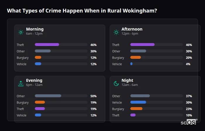 What Types of Crime Happen When in Rural Wokingham? Crime types by time period for Rural Wokingham - showing breakdown of burglary, violence, theft, and vehicle crime by morning, afternoon, evening, and night