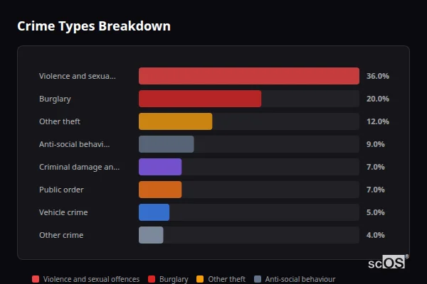 Crime Types Breakdown - Sonning Crime Types Breakdown for Sonning - showing Violence and sexual offences (36%), Burglary (20%), Other theft (12%)