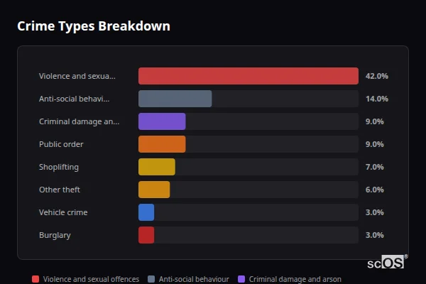 Crime Types Breakdown for Winnersh - showing Violence and sexual offences (42%), Anti-social behaviour (14%), Criminal damage and arson (9%)