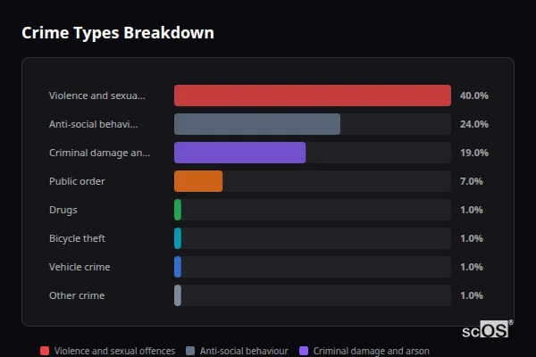 Crime Types Breakdown for Bwlchgwyn - showing Violence and sexual offences (40%), Anti-social behaviour (24%), Criminal damage and arson (19%)