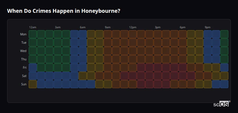 When Do Crimes Happen in Honeybourne? Crime time heatmap for Honeybourne - showing when crimes are most likely to occur by day and hour