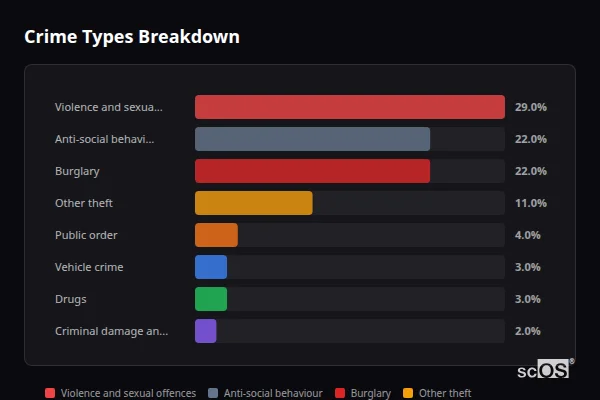 Crime Types Breakdown for Blakedown - showing Violence and sexual offences (29%), Anti-social behaviour (22%), Burglary (22%)