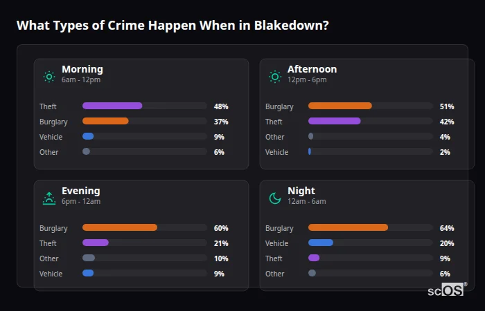Crime types by time period for Blakedown - showing breakdown of burglary, violence, theft, and vehicle crime by morning, afternoon, evening, and night