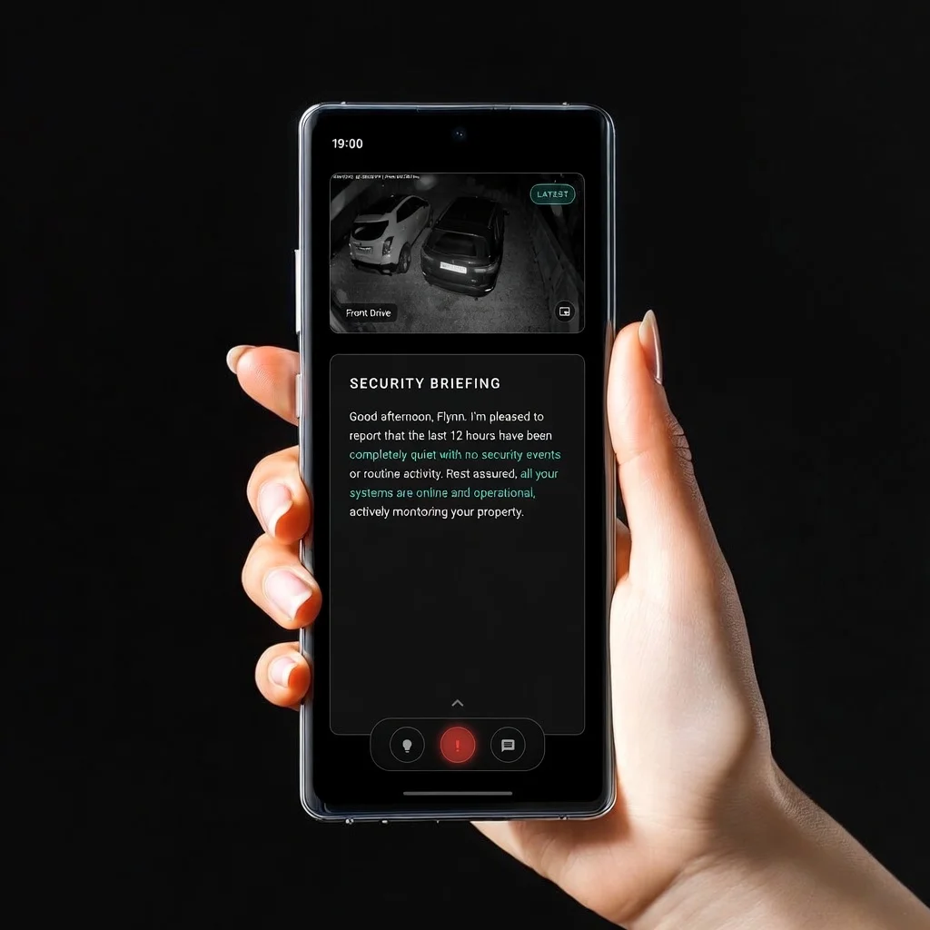 scOS app showing security briefing — all systems online and monitoring